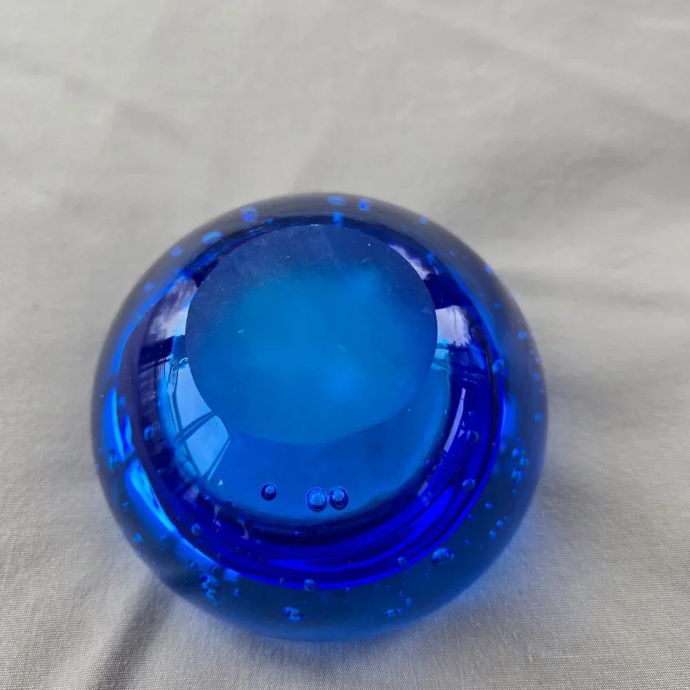 IKEA Hand Blown Blue Controlled Bubble Glass Votive Candle Holder